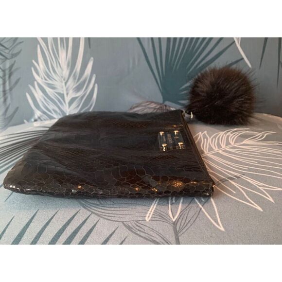 Kate Spade black Snake Skin Clutch Purse Handbag FUR ZIPPER PULL - Picture 6 of 11